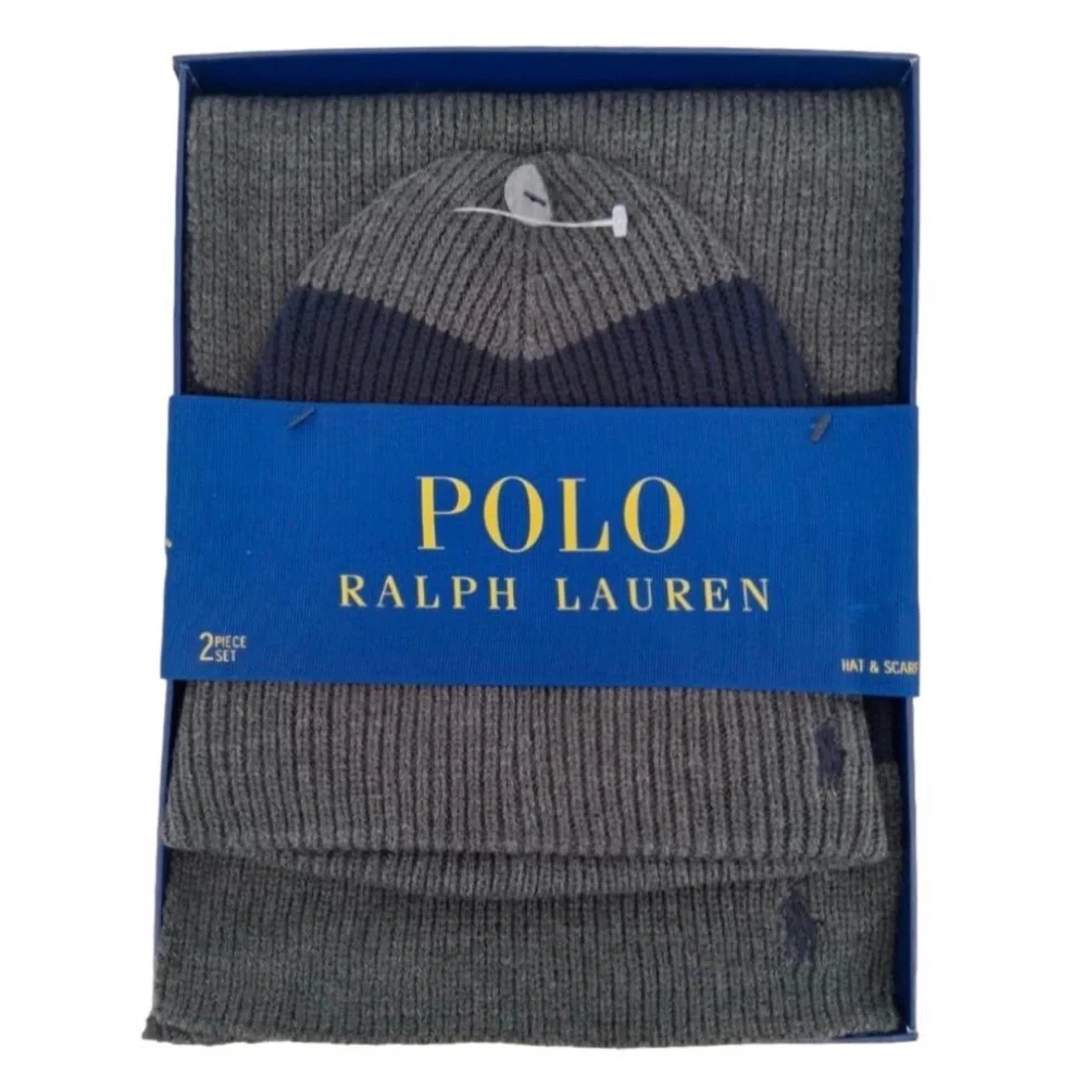 RALPH LAUREN POLO Gray Knit Hat & Scarf Set with Navy Blue Stripe NWT